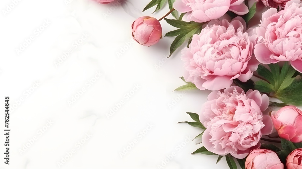 Pink peonies flowers isolated on white wooden background with space for text. Branches and leaves, Floral frame, top view.
