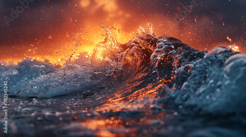 A wave crashing into the ocean with a bright orange