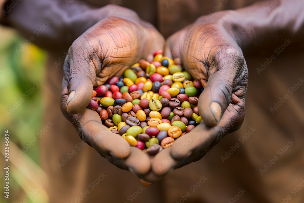 A Farmer's Hands Holding a Bounty of Fresh Coffee Beans. Rustic Agriculture. Connection with Nature. Sustainable Farming. Generative AI A Farmer's Hands Holding a Bounty of Fresh Coffee Beans. Rustic Agriculture. Connection with Nature. Sustainable Farming. Generative AI