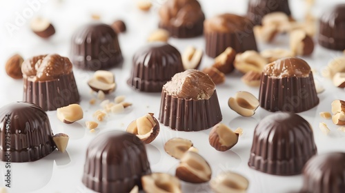Candies with hazelnut paste and whole hazelnuts in milk chocolate photo