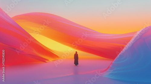 A minimalist scene is transformed by the presence of a dynamic gradient wave, alive with vibrant color.