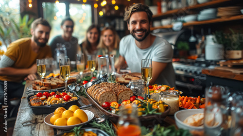 A table is set with a variety of food and drinks, including a large platter of fruit and a selection of cheeses. The table is surrounded by potted plants and flowers, creating a warm