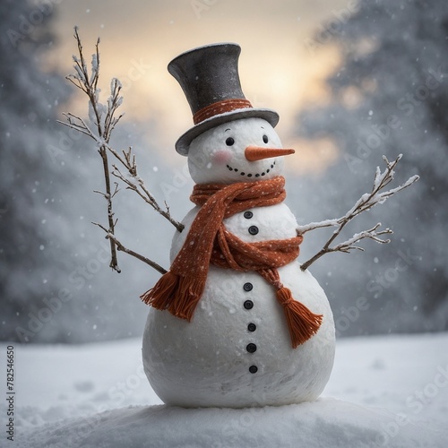 Classic snowman stands proudly against backdrop of serene, snowy landscape, adorned with black top hat that sits jauntily atop its round head. Carrot nose protrudes. photo