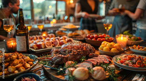 A large table is covered with a variety of food, including sandwiches, salads, and fruit. The table is set for a big family gathering or party photo