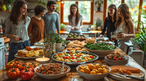 A group of people are gathered around a large table filled with food. Scene is warm and inviting, as the group of friends share a meal together