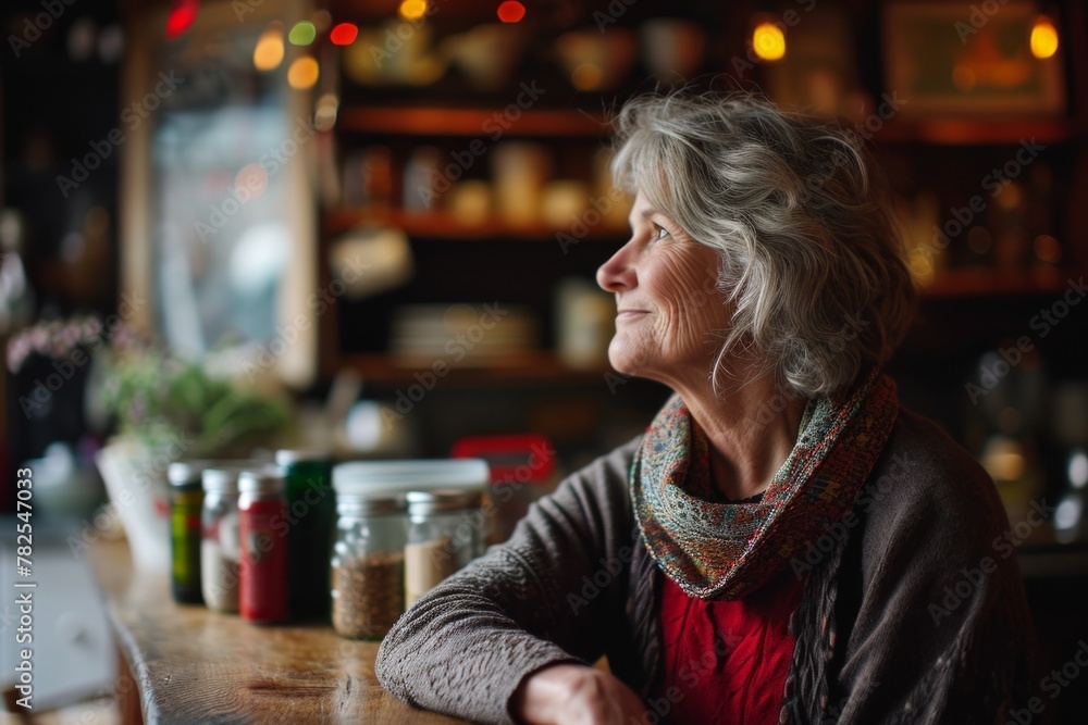 Portrait of mature woman sitting at the counter in a cafe. Portrait of mature woman sitting at the counter in a cafe.