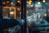 Restaurant staff disinfecting window glass during virus outbreak for enhanced sanitation measures