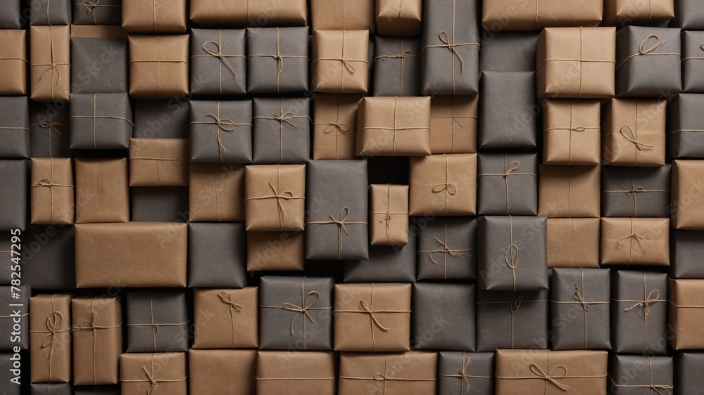 Multitude of parcels, wrapped meticulously in brown, grey paper, adorned with neatly tied strings, creates visually striking pattern. Each package, varying slightly in size, hue. Multitude of parcels, wrapped meticulously in brown, grey paper, adorned with neatly tied strings, creates visually striking pattern. Each package, varying slightly in size, hue.