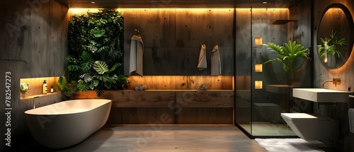 Contemporary Zen Bathroom Oasis with Lush Greenery and Wooden Accents. Concept Contemporary Design, Zen Elements, Lush Greenery, Wooden Accents, Bathroom Oasis photo