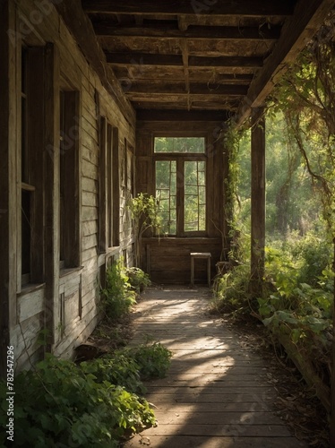 Sunlight filters through dense foliage, casting dappled light onto old, wooden porch that seems to have stood test of time. Weathered wood, marked by years of exposure to elements.