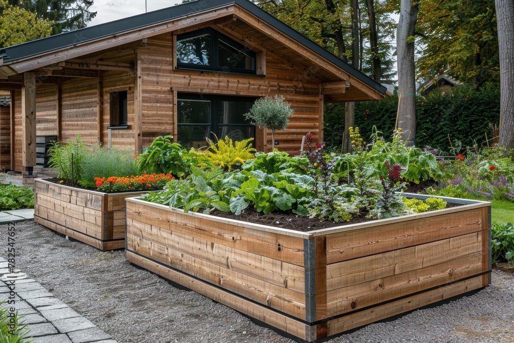Wooden raised garden beds with growing plants, herbs, vegetables, and flowers in countryside setting Wooden raised garden beds with growing plants, herbs, vegetables, and flowers in countryside setting