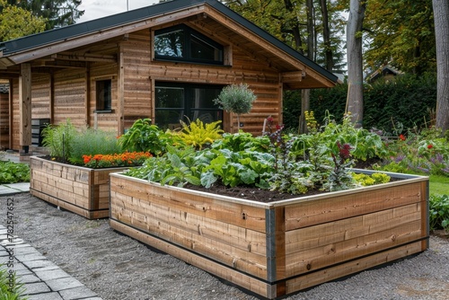 Wooden raised garden beds with growing plants, herbs, vegetables, and flowers in countryside setting