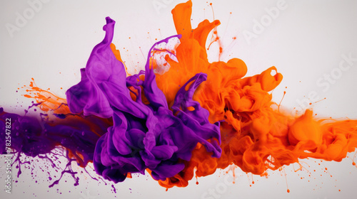 Dynamic splashes of neon orange and electric purple agnst a pure white background, igniting the imagination with their intensity.