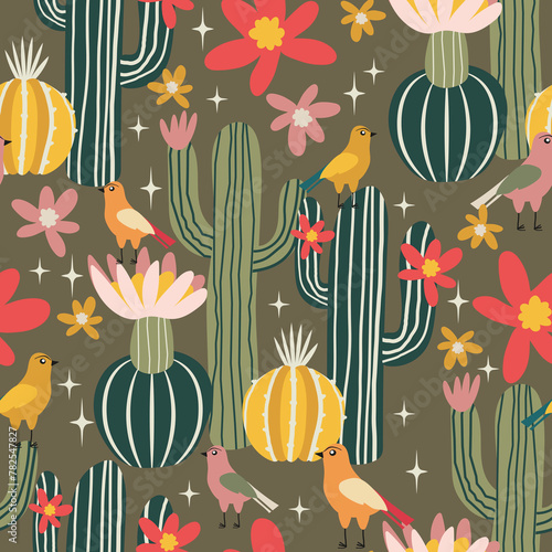 Seamless desert cactus pattern.  Summer cactus with blooming. Succulents flowers and birds. 
Desert plants endless background. Wild cactus print. Desert flora and fauna. Perfect for fabric, packaging.