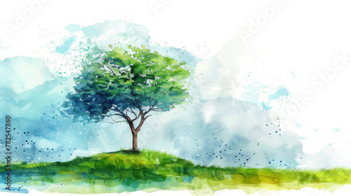 A tranquil watercolor landscape showcasing a lone tree on a lush green hillside with a soft blue sky. © khonkangrua