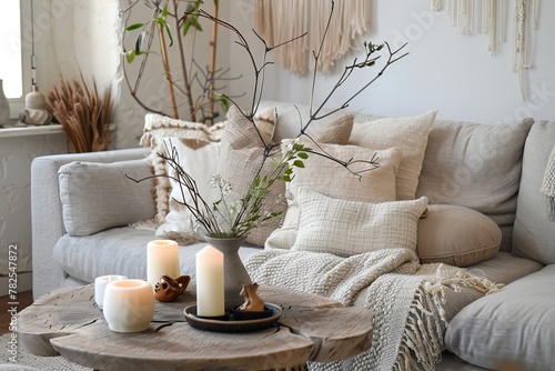 Modern boho living room with light gray sofa  cozy decorations and wooden table with candles