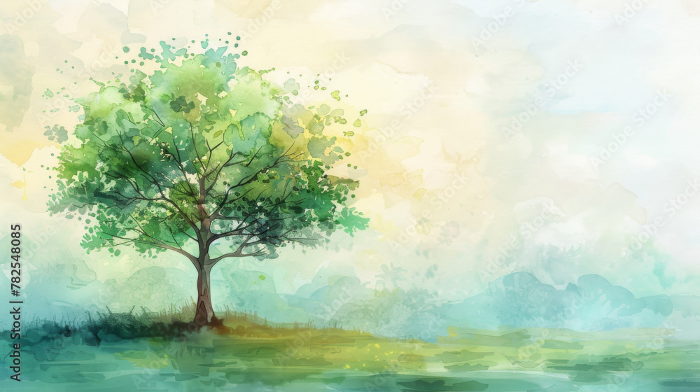 A peaceful watercolor painting depicting a single tree with a lush green canopy set against a soft, pastel background. A peaceful watercolor painting depicting a single tree with a lush green canopy set against a soft, pastel background.