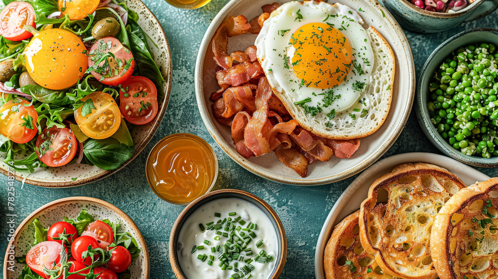 A table full of food including eggs, bacon, and toast. The table is set for a meal