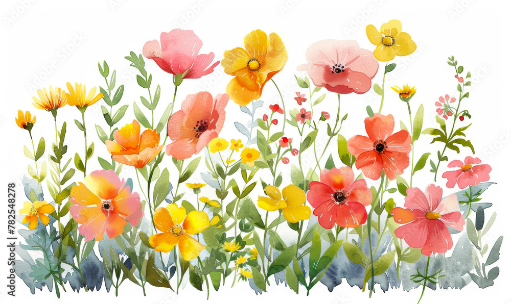 A colorful array of watercolor flowers blooming vibrantly in a stylized garden, with an array of warm tones.
