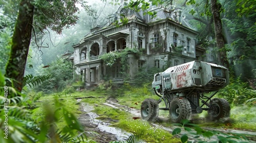 A lone vehicle drives through the overgrown ruins of a once great city. photo