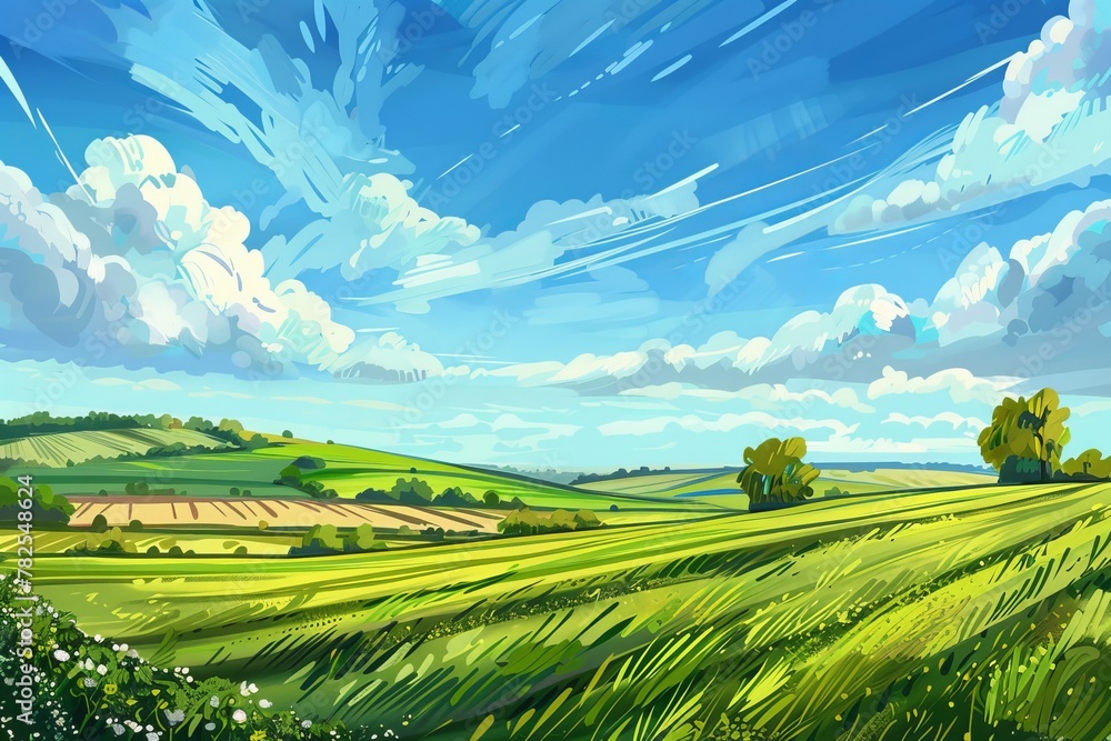Serene rural landscape with green fields under blue sky, perfect for nature lovers