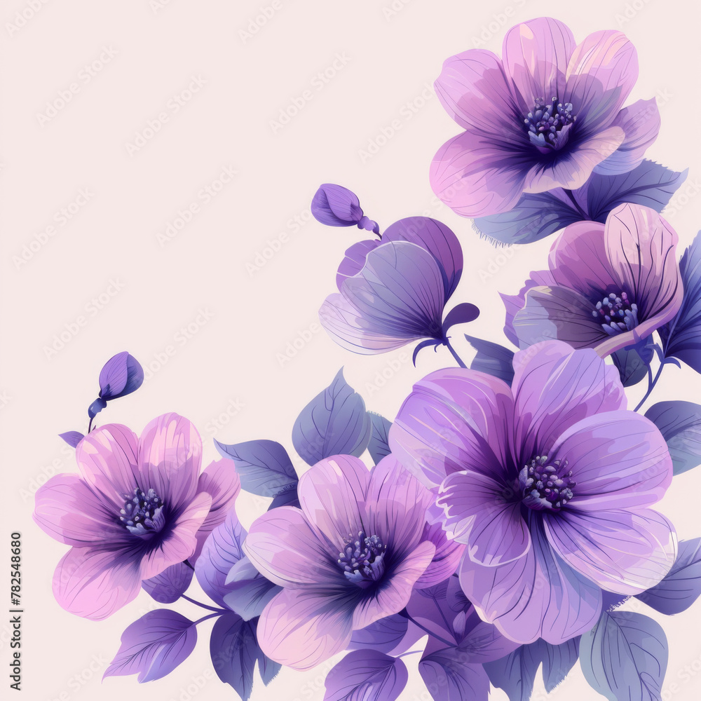 Bright purple floral illustration with blooms and leaves, white background, for various designs.