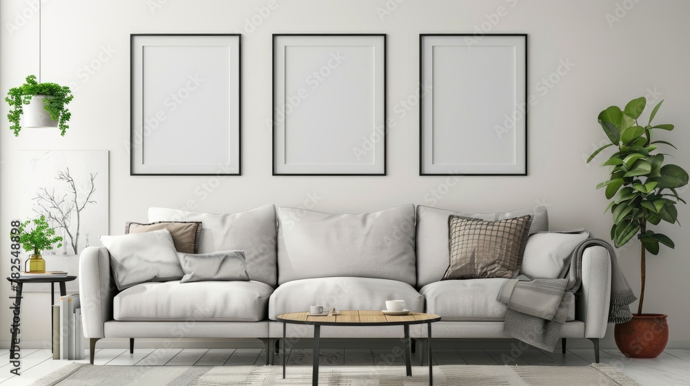mock up poster frame in modern interior background, living room, Scandinavian style, 3D render mock up poster frame in modern interior background, living room, Scandinavian style, 3D render