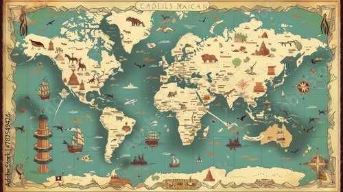 world map with animals and geography of each country in high resolution and high quality. map concept cartoon