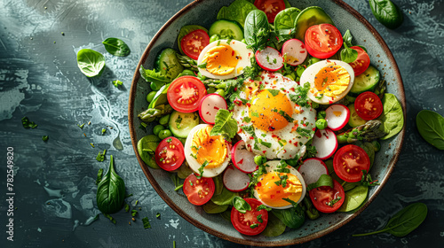 A bowl of salad with tomatoes, radishes, and eggs. The salad is colorful and appetizing
