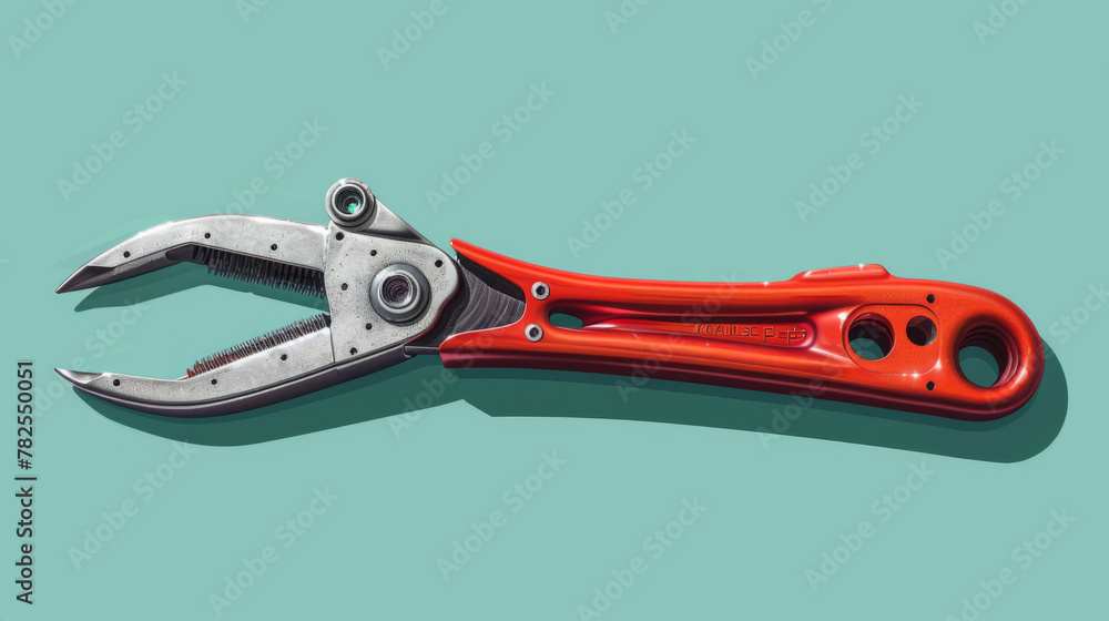 Fototapeta premium Bright red multitool pliers open with multiple functions isolated on a teal background.