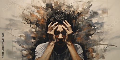 Person holding their head looking overwhelmed, concept of Anxiety © koldunova