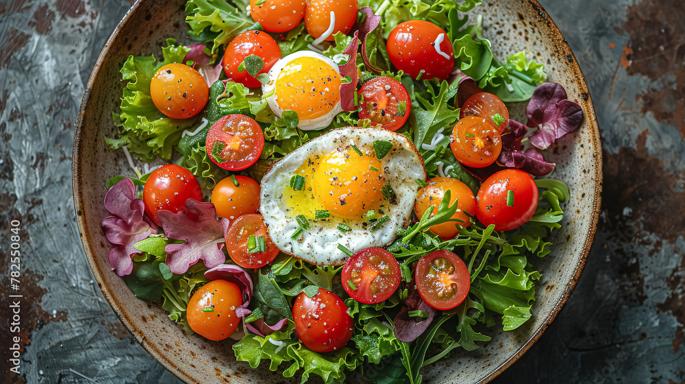 A plate of food with a fried egg and tomatoes. The plate is full of food and looks delicious A plate of food with a fried egg and tomatoes. The plate is full of food and looks delicious