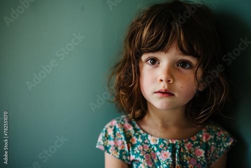 Portrait of a little girl on a green wall background. Shallow depth of field.