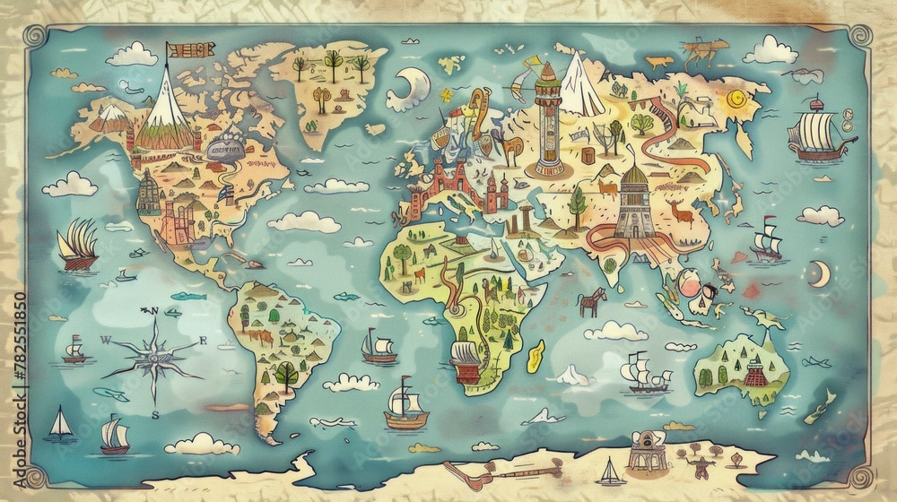 Naklejka premium GLOBAL ANTIQUE MAP with animals and architecture