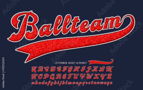 Ballteam is a script 3d effect chenille fabric alphabet in the style of wool varsity letter jackets.