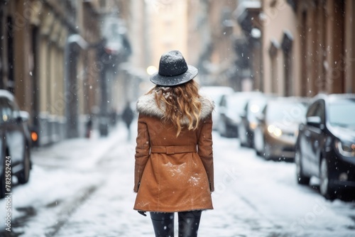 a woman wearing a hat and coat walking down a snowy street