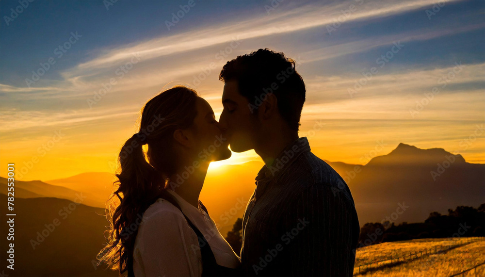 Silhouette of a couple sharing a kiss against a colorful sunset.