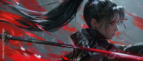 Digital art of female samurai with a katana. Mysterious futuristic female ninja kunoichi assassin.