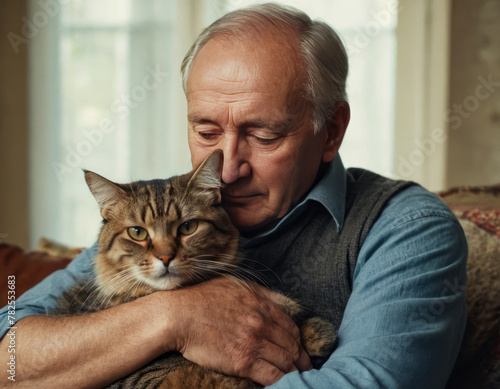 An elderly person affectionately holds his cat in his arms, this image underlines a moment of sharing and bonding between human and pet