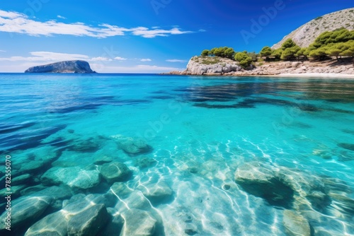 a clear blue water with rocks and trees in the background © Xanthius