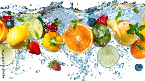 Assorted fruits and vegetables splashing into clear water, healthy diet and freshness concept