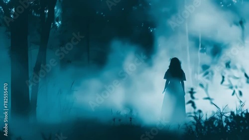 ghost girl in the middle of aforest with a foggy atmosphere photo