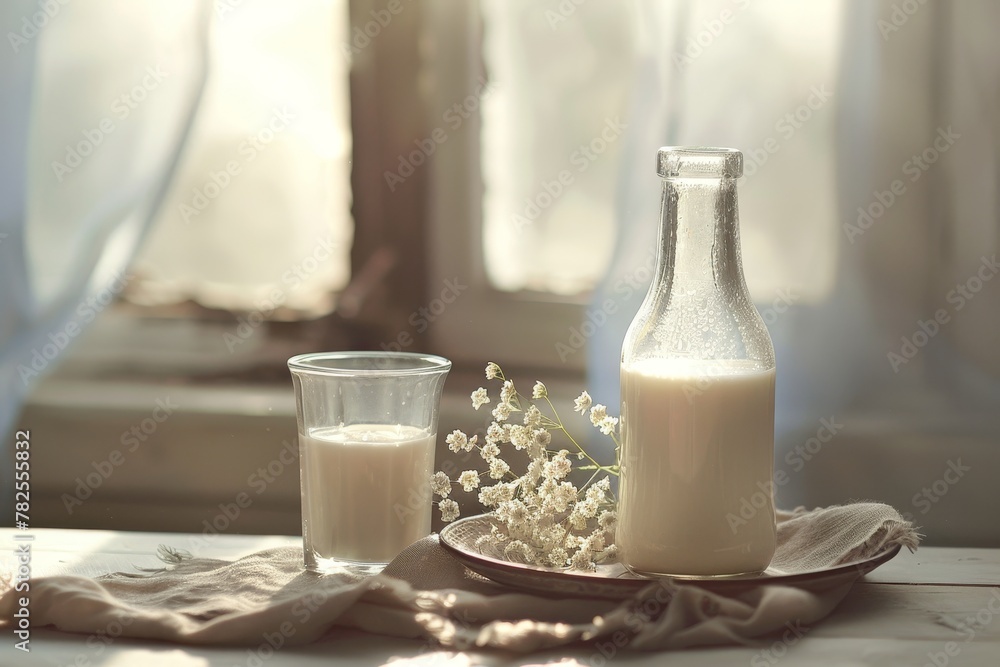 Fresh bottle and glass of delicious milk on bright table for sale or product placement Fresh bottle and glass of delicious milk on bright table for sale or product placement