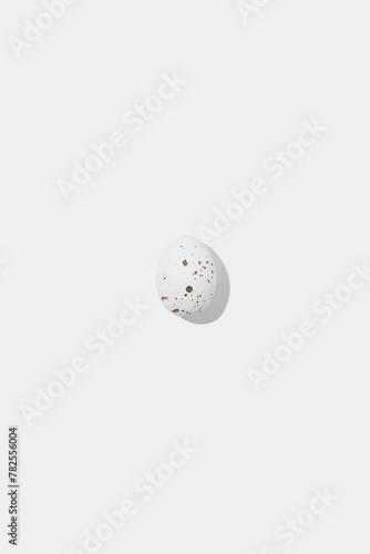 One white speckled Easter egg casting shadow on white background, minimalism concept, copy space