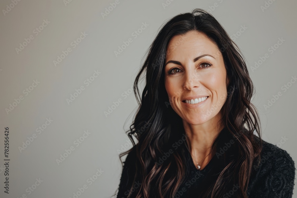 Portrait of a beautiful smiling woman with long black hair on a gray background Portrait of a beautiful smiling woman with long black hair on a gray background