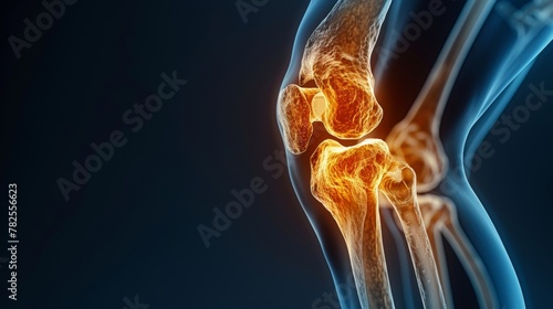 Right-side x-ray shows knee joint replacement surgery and blank area after the surgery photo