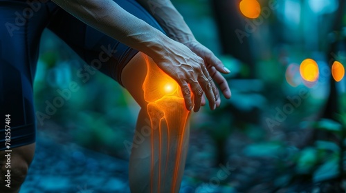 An illustration depicting pain in the popliteal fossa, the back of the knee, or knee joints or ligaments, such as cruciate ligaments. A man is standing with his hand over the area on the back of his photo