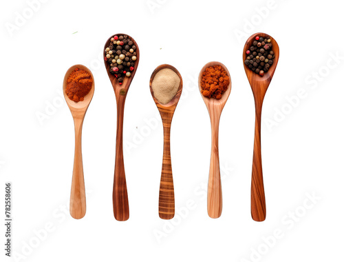 Spices ground. Spice in Wooden spoon. Herbs. Curry, Saffron, turmeric, cinnamon and other isolated on a Transparent background, isolated image, top view