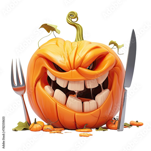 A pumpkin siting on a table with a knife and fork sticking out of it, creating a fun and playful image of a pumpkin being used for dining. Isolated on transparent photo