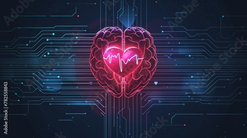 AI brain with a heart, isolated background, integrating emotion and artificial intelligence
